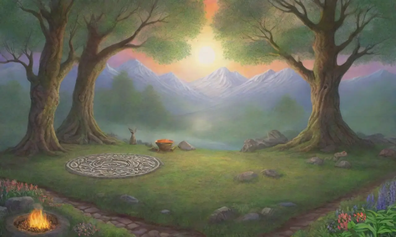 Un bosque mágico con druidas, un ciervo majestuoso y un altar rodeado de símbolos antiguos