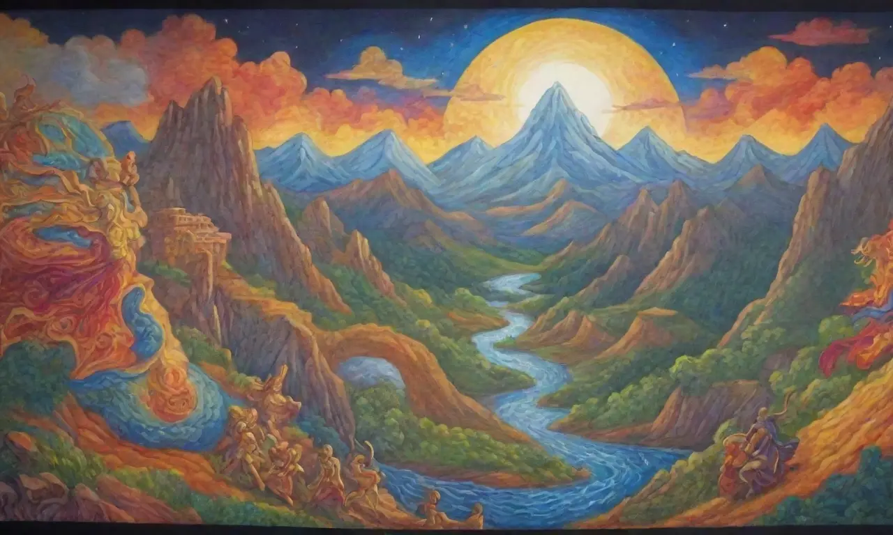 Un mural vibrante con héroes, criaturas míticas y paisajes épicos que cuentan leyendas antiguas
