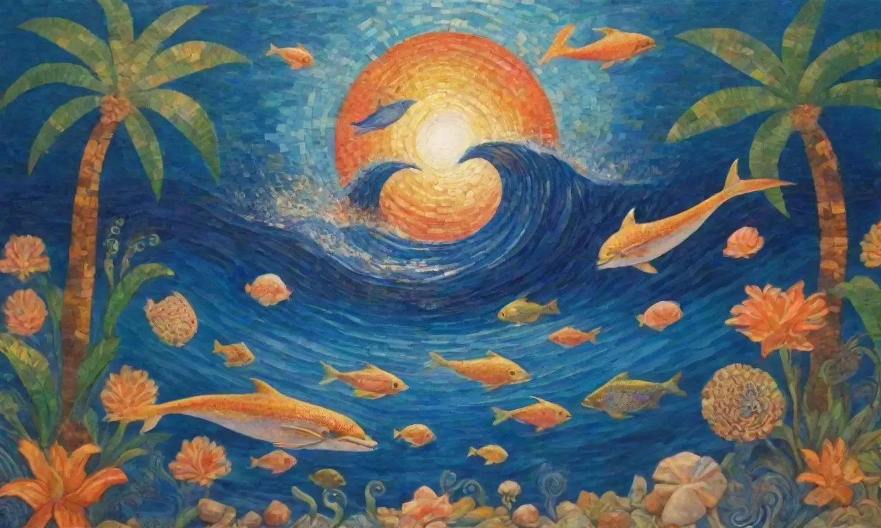 Un mural vibrante con azules y verdes, símbolos fenicios dorados, palmeras, delfines y un río sereno, captura la esencia del agua