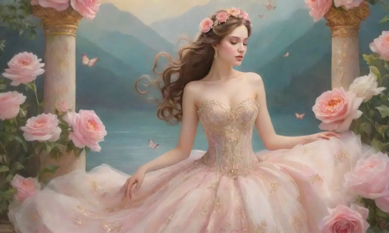 Un paisaje etéreo y armonioso con figuras de Psyche y Venus, rodeado de flores, luz dorada y naturaleza vibrante