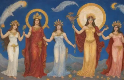 Un mural vibrante con dioses griegos en poses dinámicas y colores brillantes