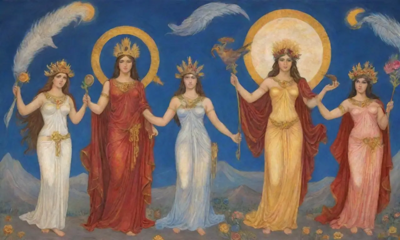 Un mural vibrante con dioses griegos en poses dinámicas y colores brillantes
