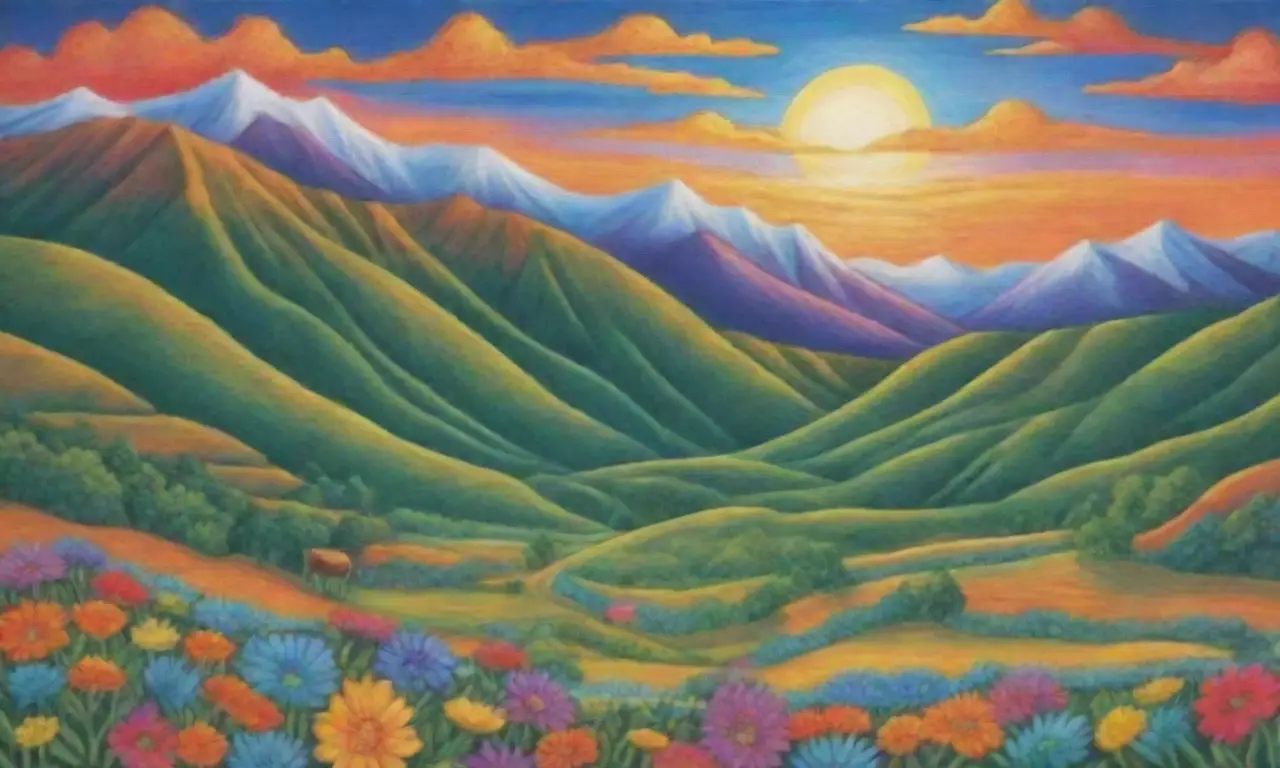 Un paisaje vibrante y armonioso se despliega con montañas, ríos, flora colorida y símbolos de la cultura andina