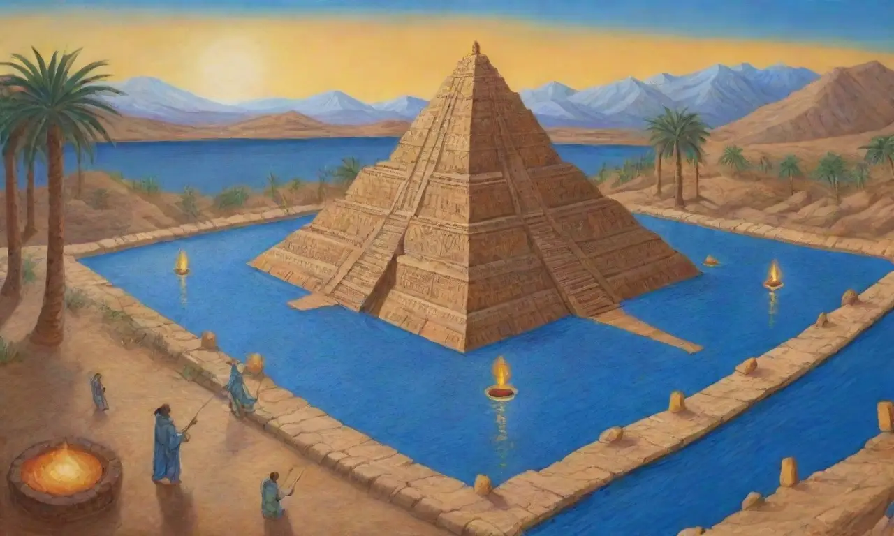 Un paisaje sumerio antiguo con un ziggurat, sacerdotes, rituales sagrados y un ambiente místico