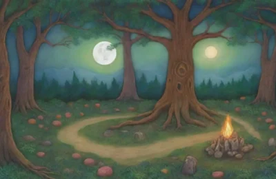 Un bosque brumoso con árboles antiguos