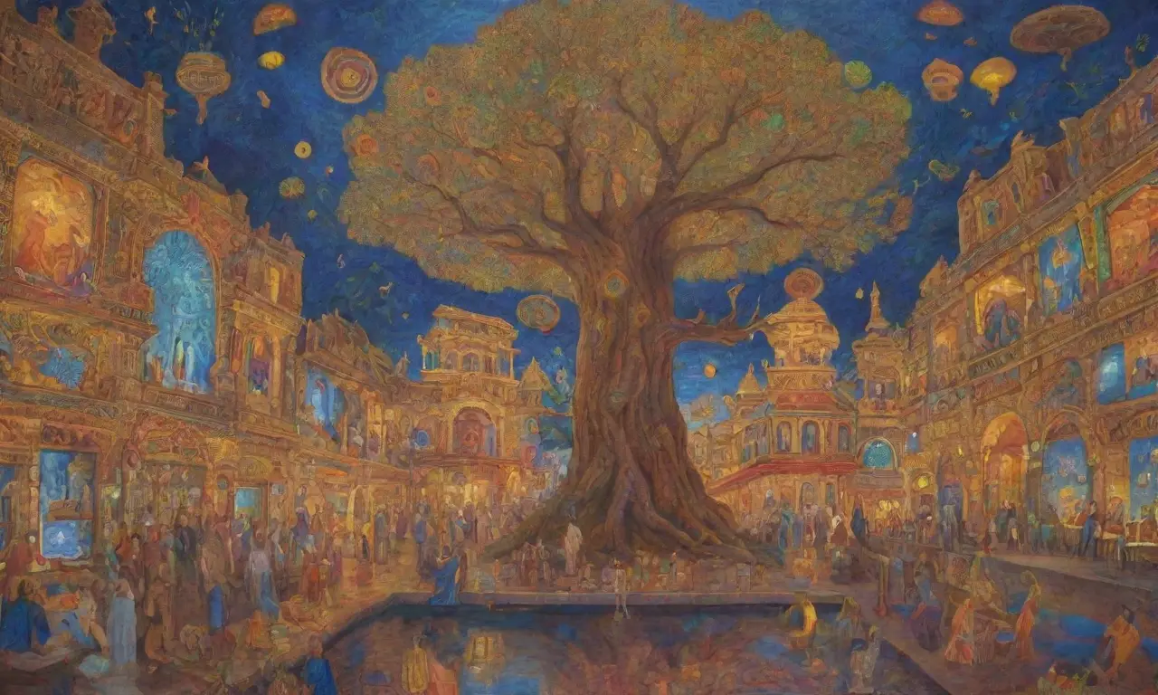 Un mural vibrante fusiona mitología y tecnología en una narrativa dinámica