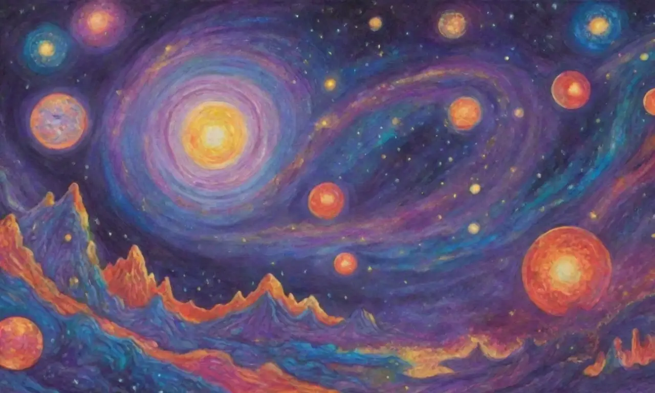 Un paisaje cósmico vibrante con galaxias, estrellas, deidades y símbolos míticos en un caos armónico