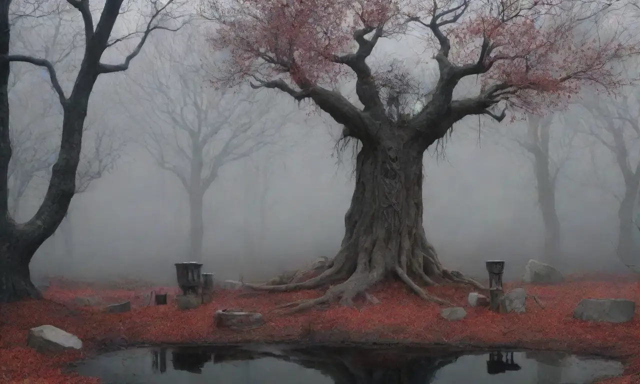 Un bosque oscuro y brumoso con figuras fantasmales, un altar de piedra y un ambiente inquietante