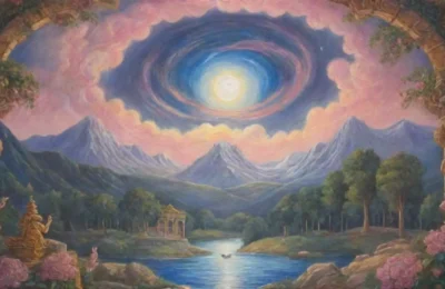Un cielo celestial con Júpiter y Venus en un paisaje mitológico vibrante y sereno