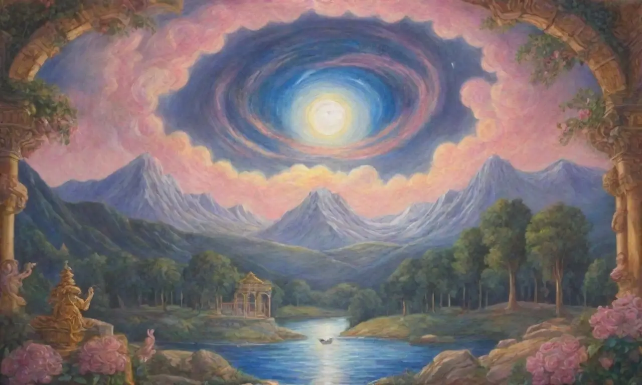 Un cielo celestial con Júpiter y Venus en un paisaje mitológico vibrante y sereno