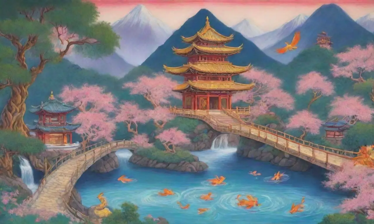 Un mural vibrante con dragones dorados