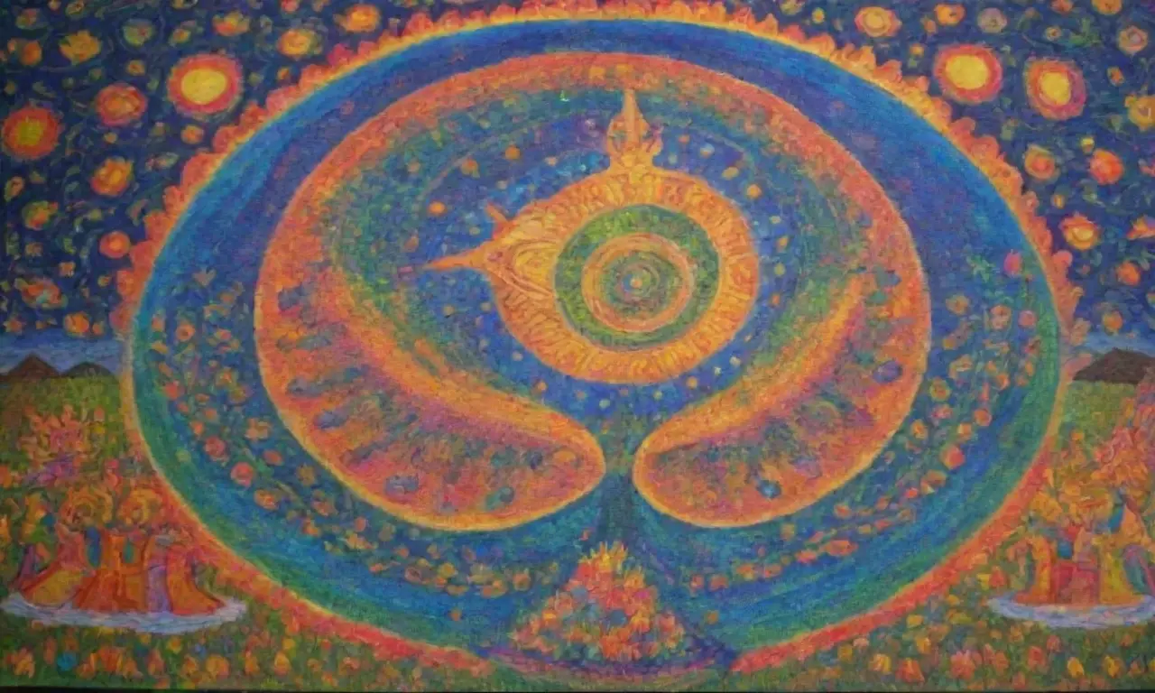 Colores vibrantes y sabiduría eterna se entrelazan en un paisaje de armonía y conflicto