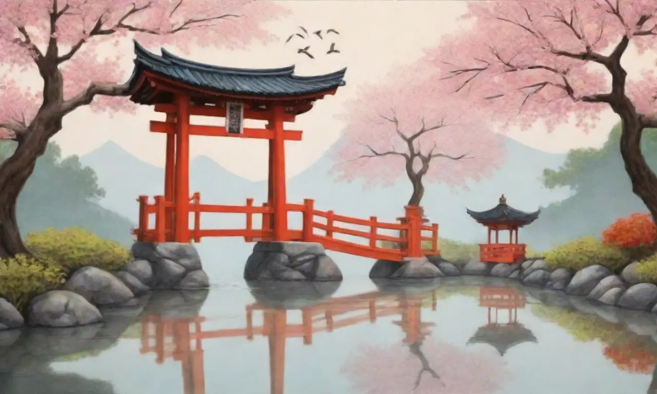Un paisaje sereno con cerezos, montañas, torii, koi y susurros ancestrales evoca una profunda reverencia