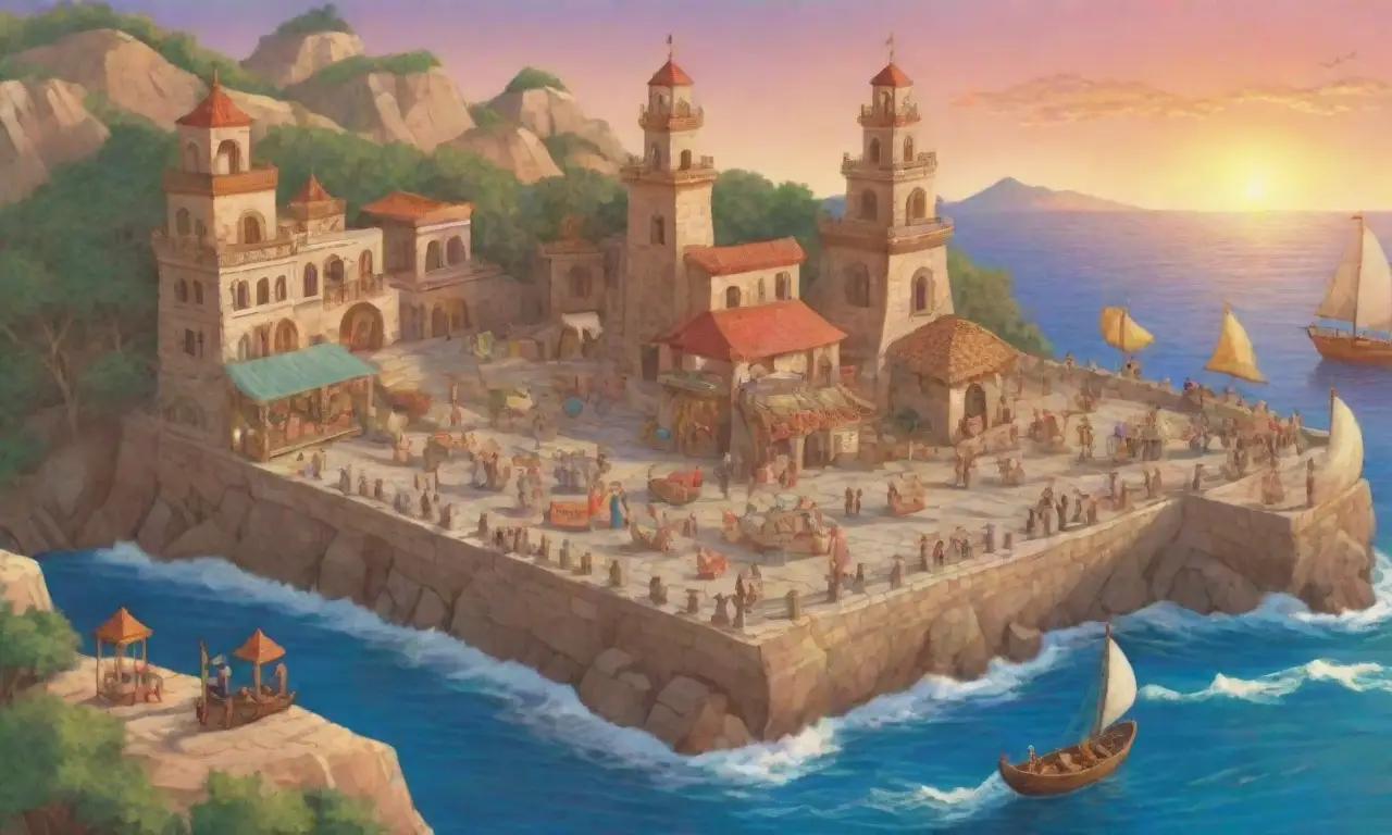 Un vibrante paisaje antiguo con barcos, comerciantes, mosaicos, y un atardecer sobre una ciudad costera