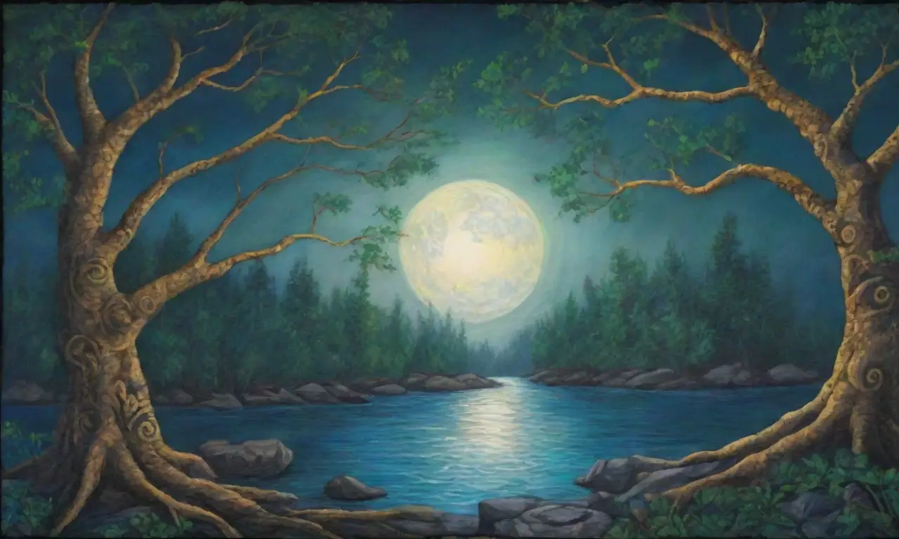 Un tapiz de runas antiguas y dioses en un bosque oscuro bajo la luna plateada