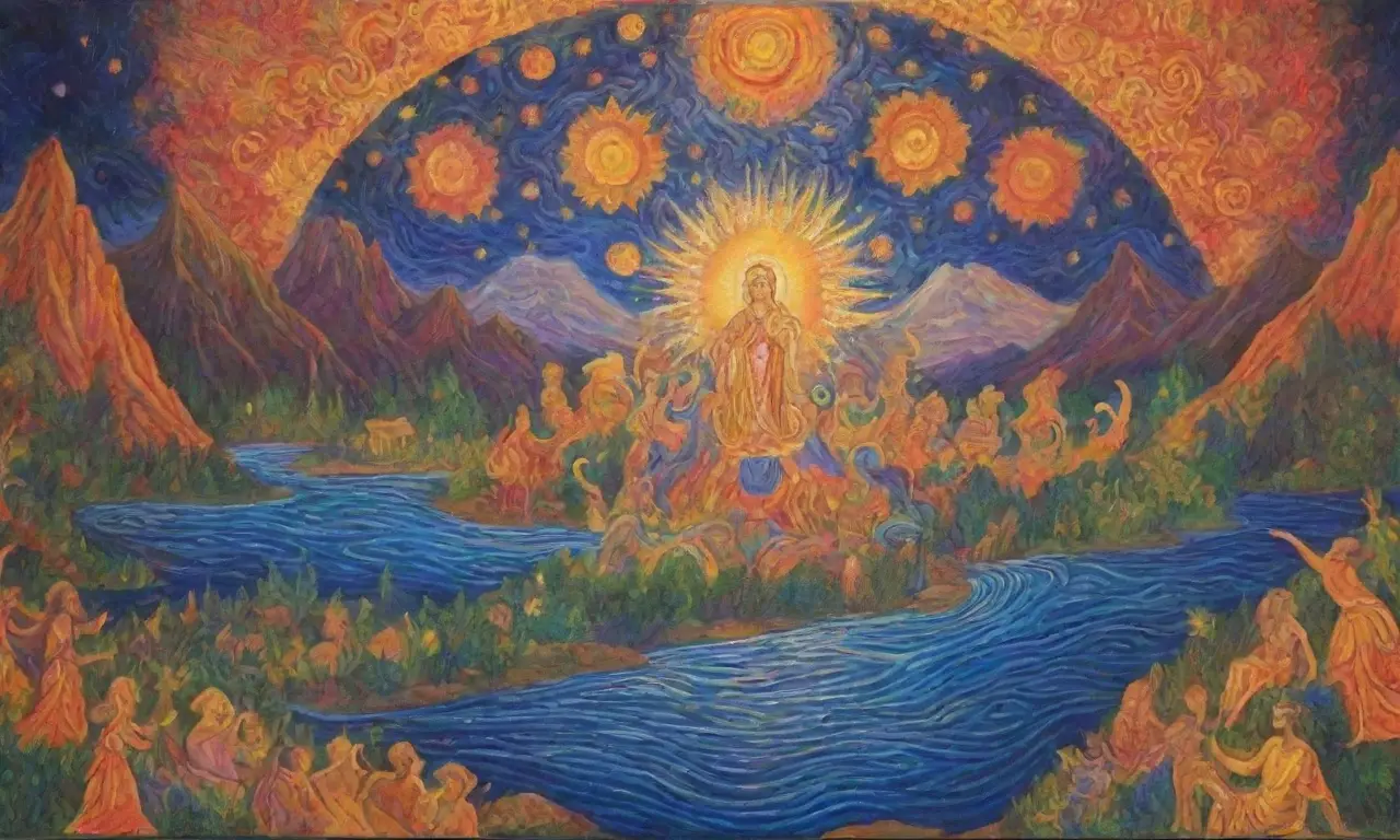 Un mural vibrante que captura la esencia de la vida con colores y elementos celestiales