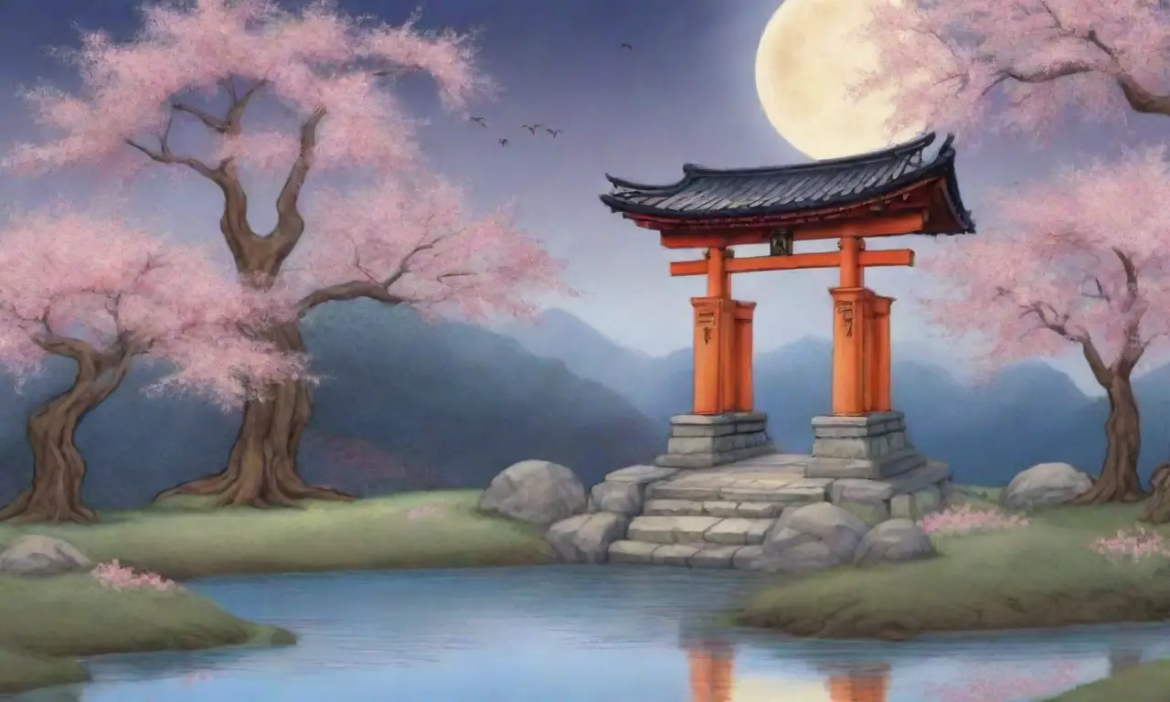Un paisaje sereno con cerezos en flor, un estanque tranquilo, un torii majestuoso y una atmósfera mágica