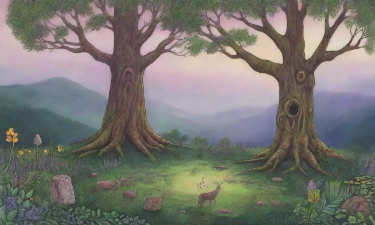 Un bosque mágico con árboles antiguos