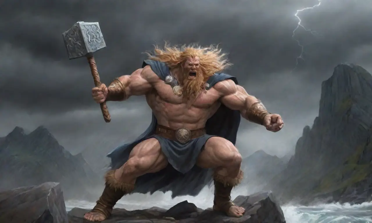 Thor, con Mjölnir en mano y rodeado de un paisaje tormentoso, se prepara para la batalla