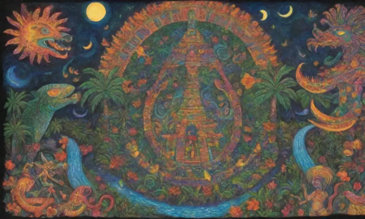Colores vibrantes y patrones intrincados en un paisaje de selva con pirámides y criaturas míticas