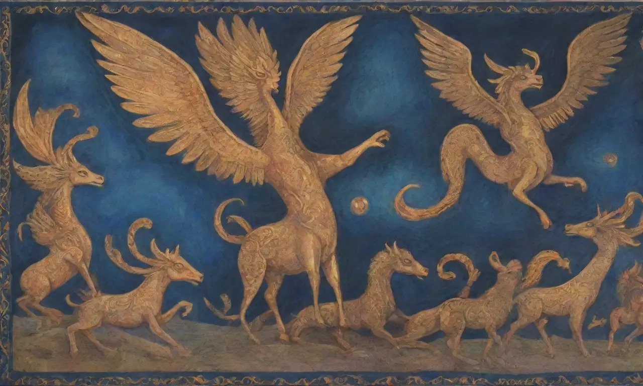 Un mural vibrante con bestias míticas, patrones intrincados y ecos de leyendas