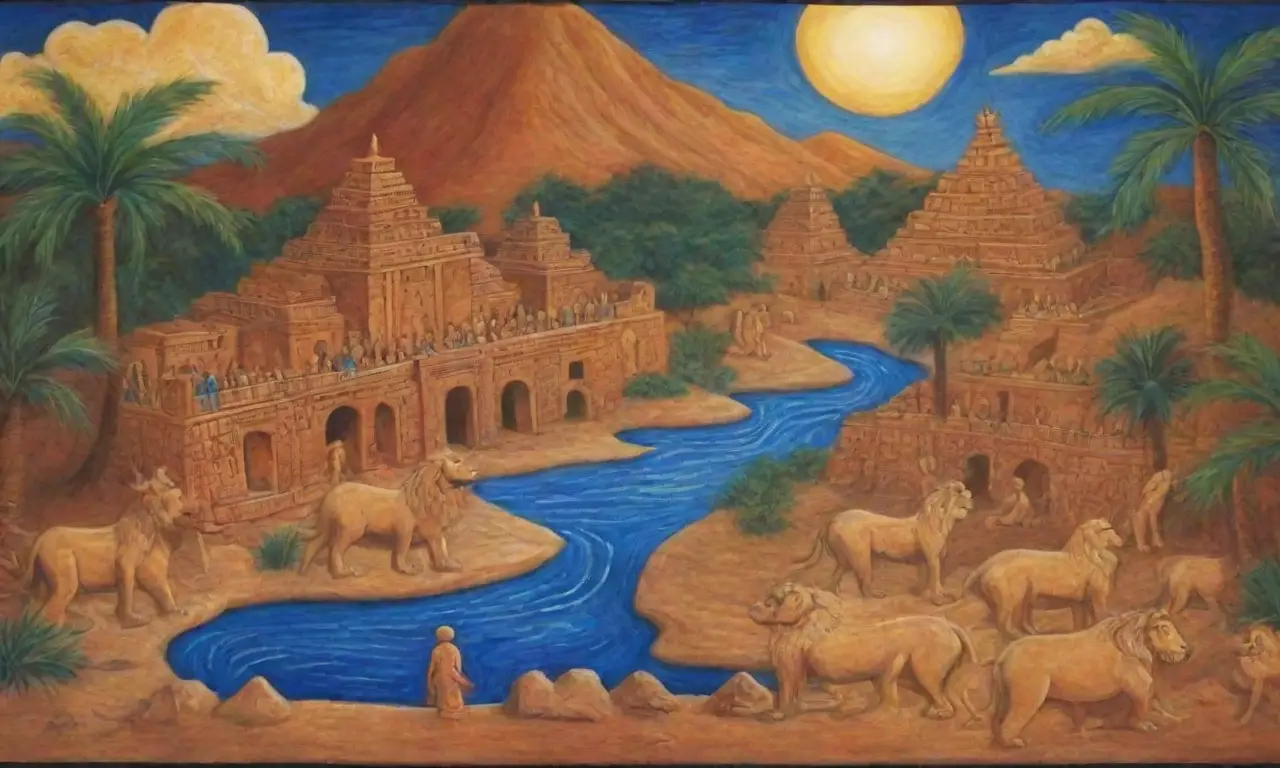 Imágenes de la antigua Mesopotamia con tabletas, dioses, paisajes y rituales