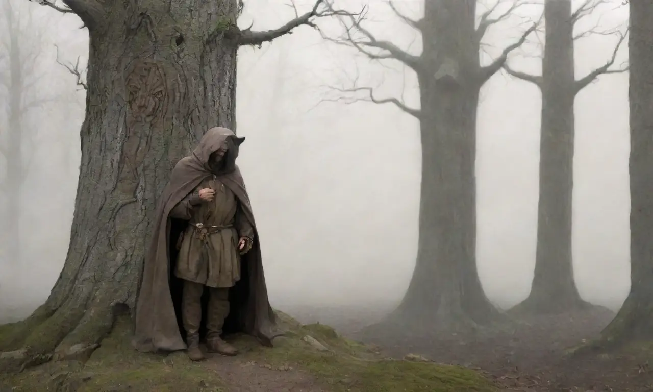 Un guardián de la tradición en un bosque denso, rodeado de misterio y elementos de la mitología eslava