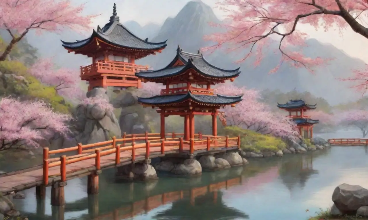 Un paisaje sereno con montañas brumosas, cerezos en flor, un torii antiguo y un estanque tranquilo