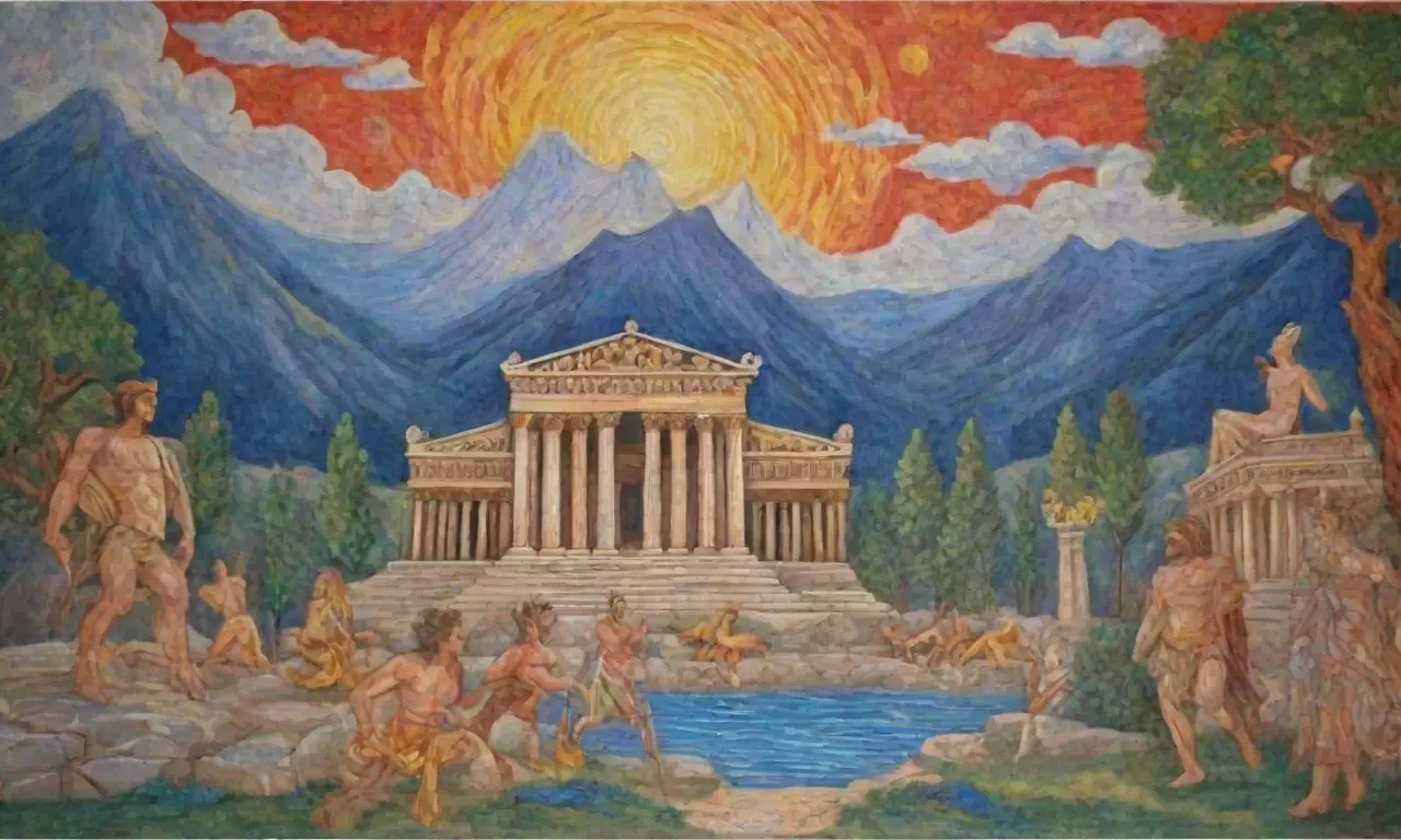 Templos griegos antiguos con columnas de mármol, frescos vibrantes y figuras mitológicas