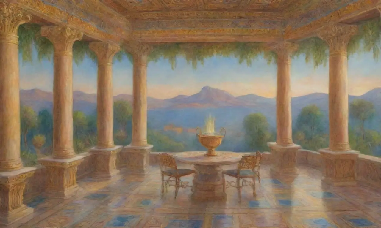 Columnas antiguas con relieves, frescos vibrantes, luz dorada, vegetación, mosaicos coloridos y un lago sereno crean un ambiente mítico