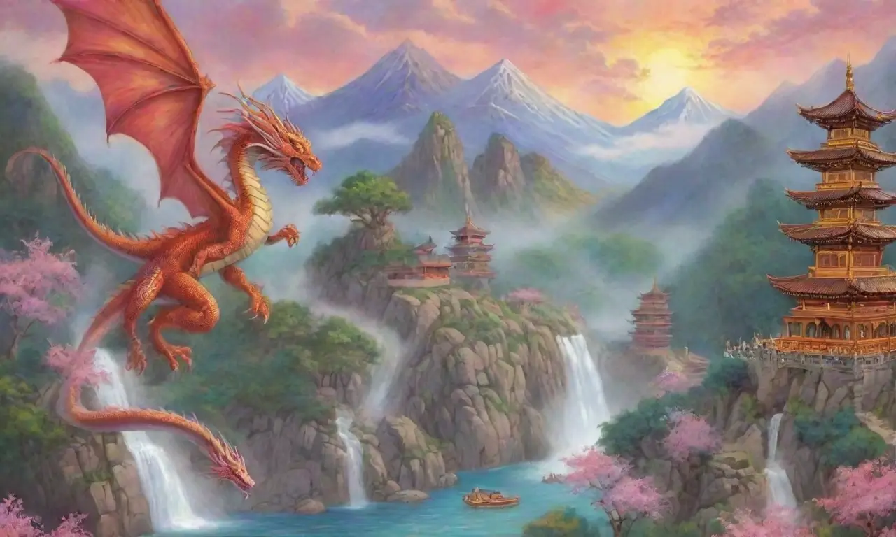 Dragones vibrantes surcan montañas brumosas entre templos antiguos y naturaleza exuberante