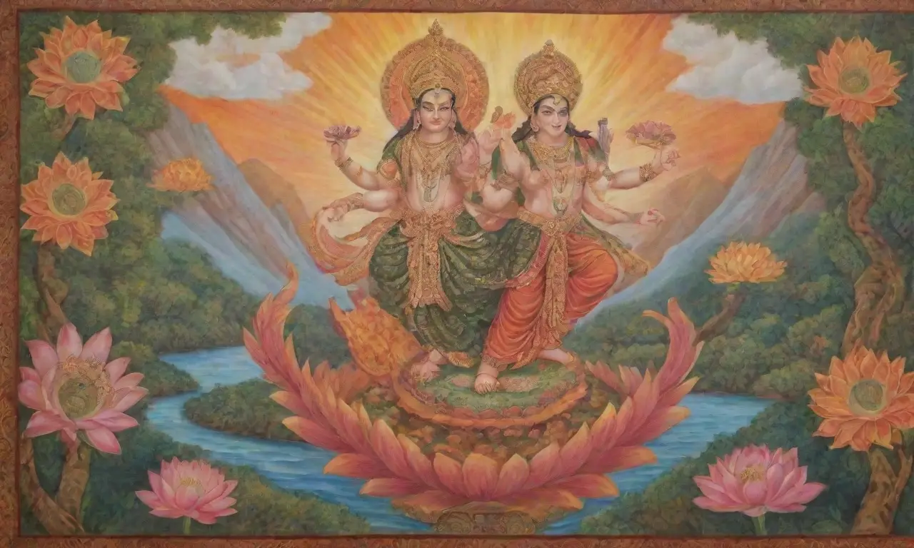 Colores vibrantes y patrones intrincados en un escenario de mitología y arte