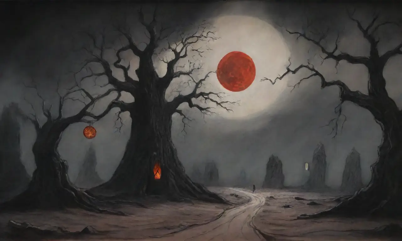 Un paisaje oscuro y aterrador lleno de sombras, ruinas y un leve destello de esperanza