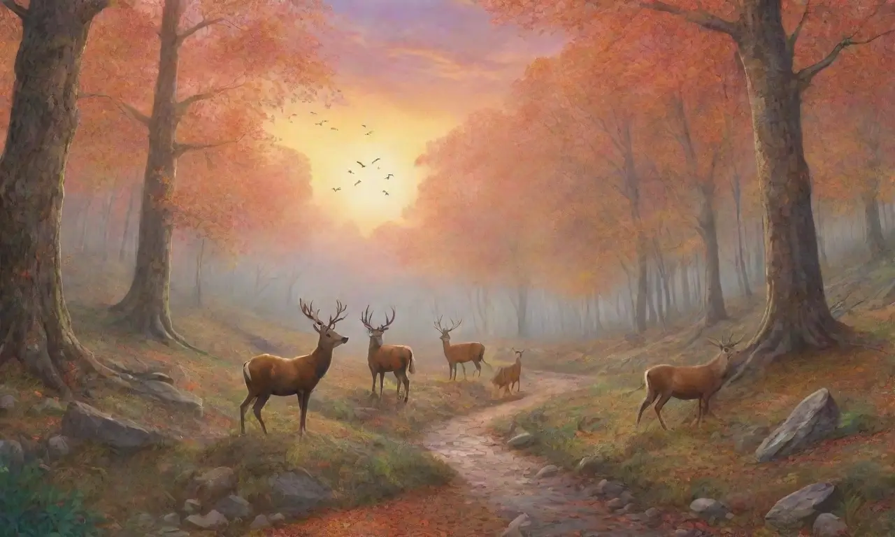 Un grupo de cazadores en un bosque exuberante persigue un majestuoso ciervo bajo un atardecer dorado