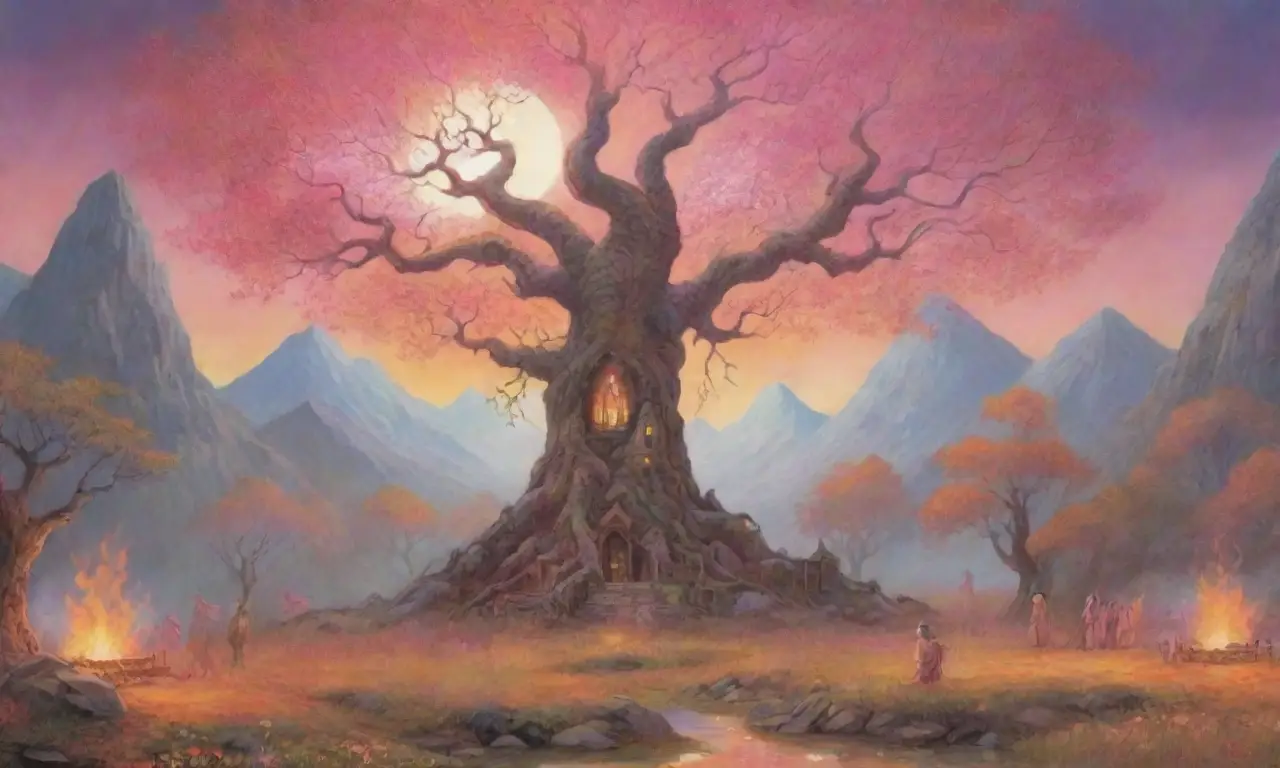 Un bosque vibrante con árboles antiguos, criaturas míticas, un dios eslavo majestuoso y un ambiente místico lleno de ofrendas y símbolos sagrados
