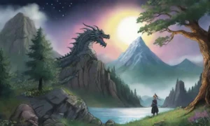 Un héroe valiente se enfrenta a un dragón en un bosque oscuro