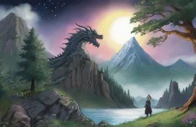 Un héroe valiente se enfrenta a un dragón en un bosque oscuro