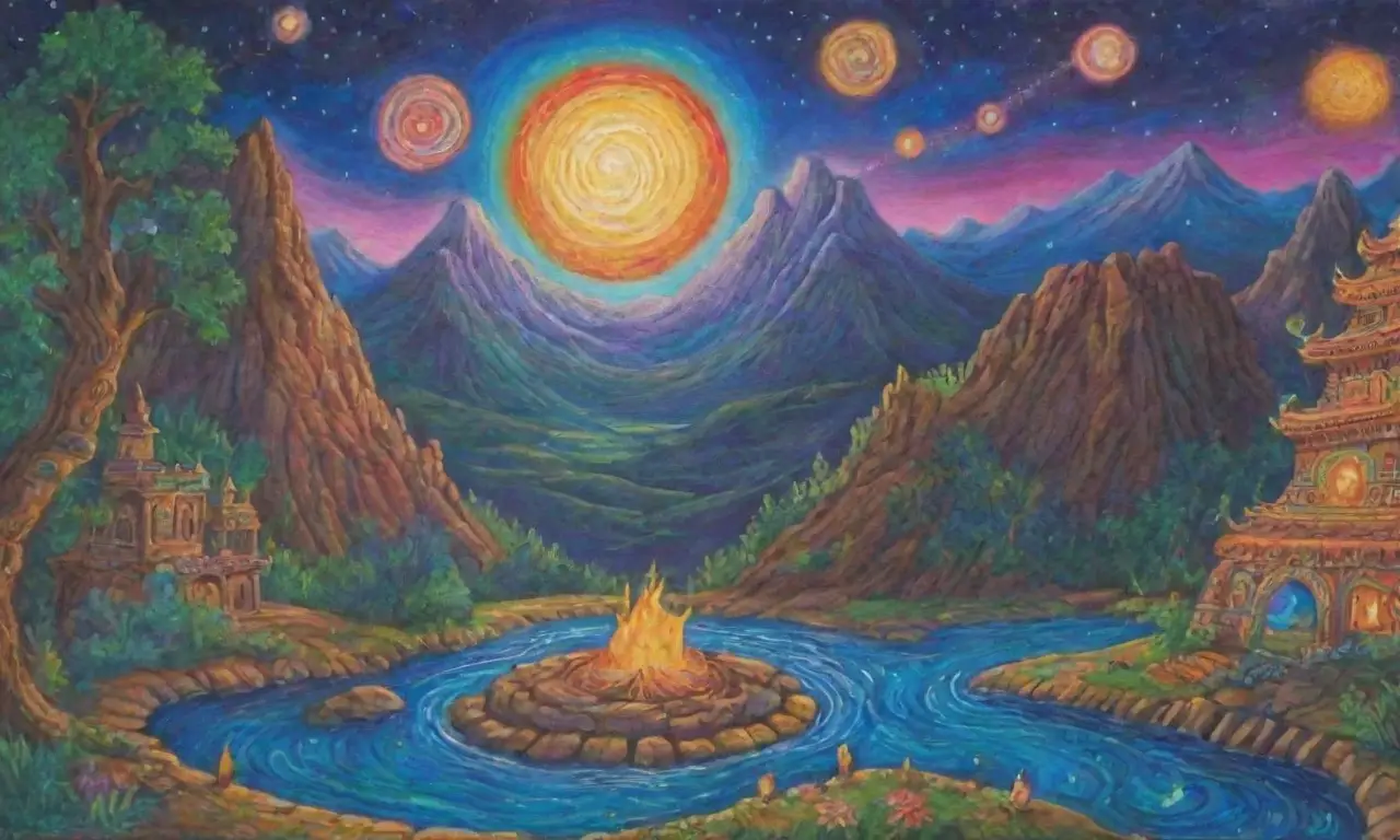 Un paisaje místico lleno de elementos cósmicos, antiguos y naturales que evocan mitos y rituales