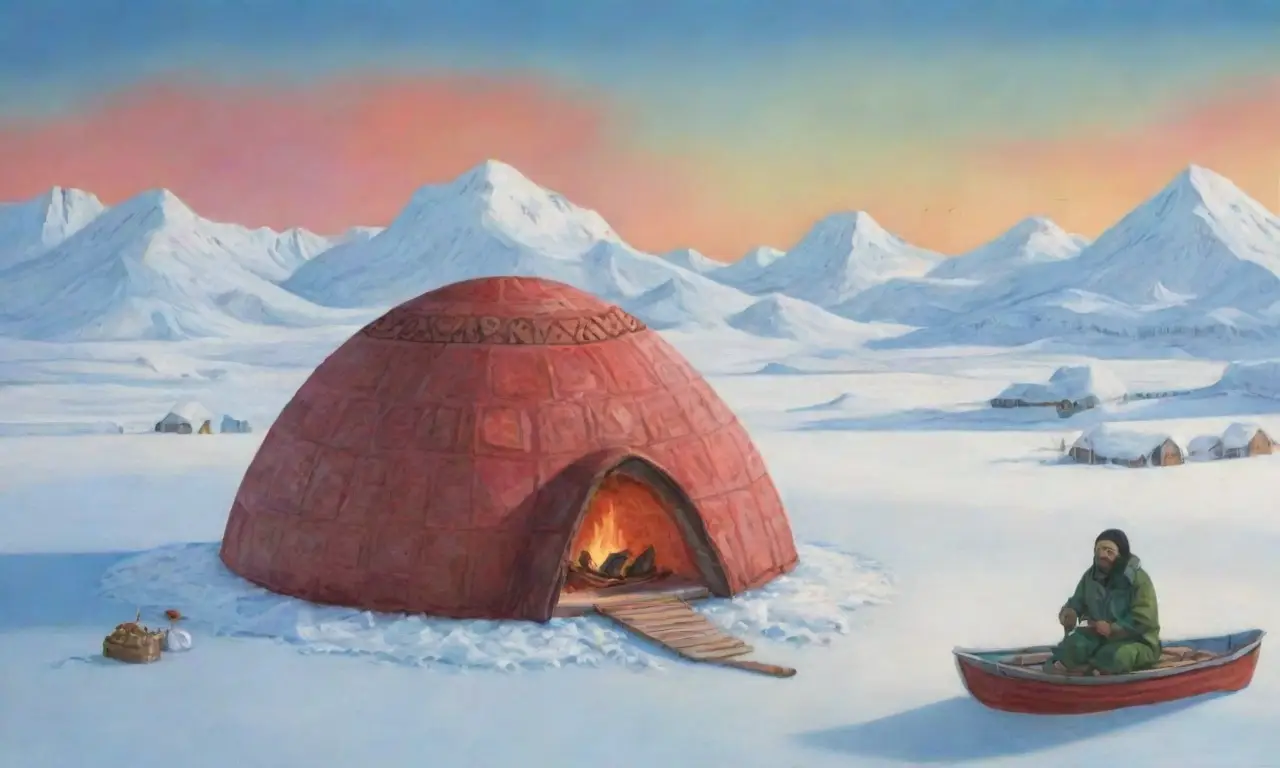 Un paisaje helado con un iglú, figuras inuits, auroras, y símbolos de cultura y cambio