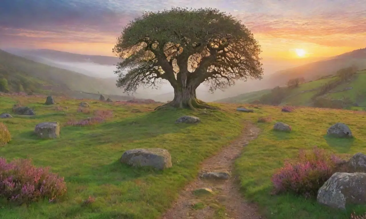Un paisaje sereno y vibrante lleno de naturaleza y antigüedad