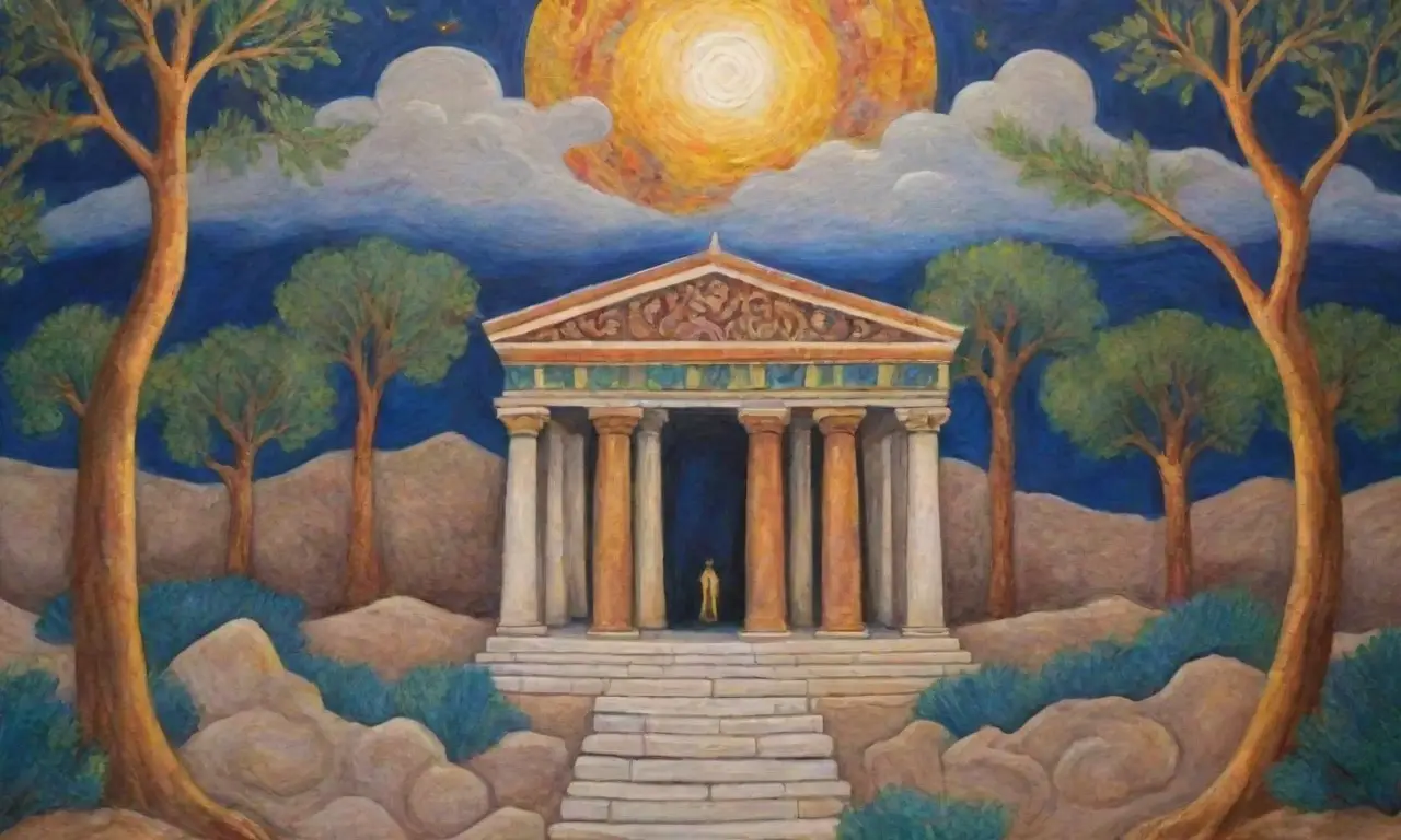 Templos griegos antiguos con columnas de mármol, frescos vibrantes y mitología