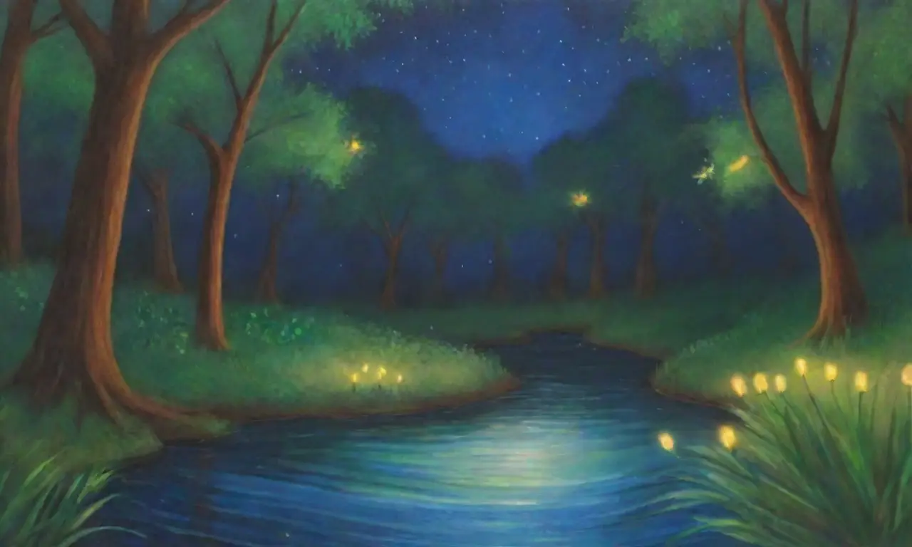 Un bosque encantado brilla con luciérnagas y magia en la noche