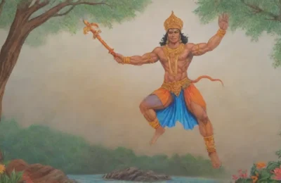 Una escena vibrante de Hanuman y Rama en un bosque lleno de vida y simbolismo sagrado