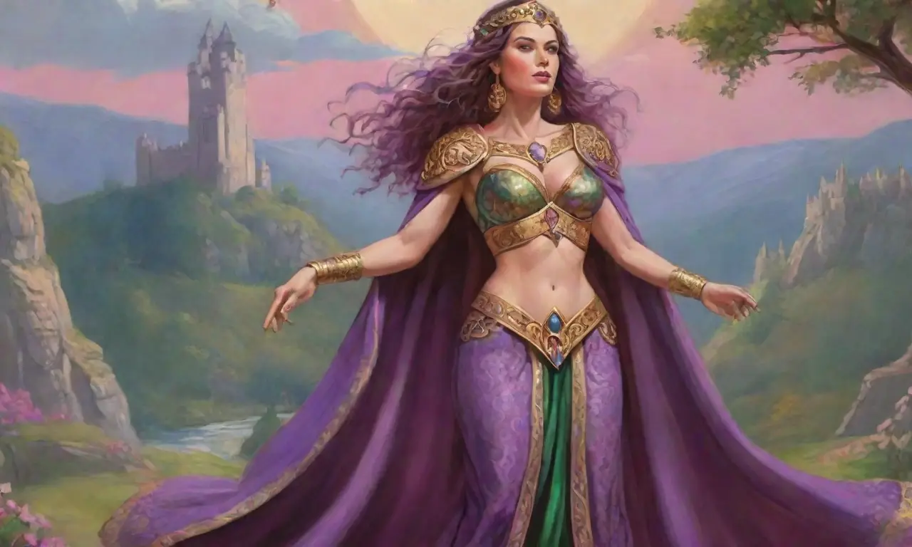 Una reina guerrera, Maeve, en colinas verdes bajo un cielo nublado, rodeada de guerreros, castillos antiguos y criaturas místicas