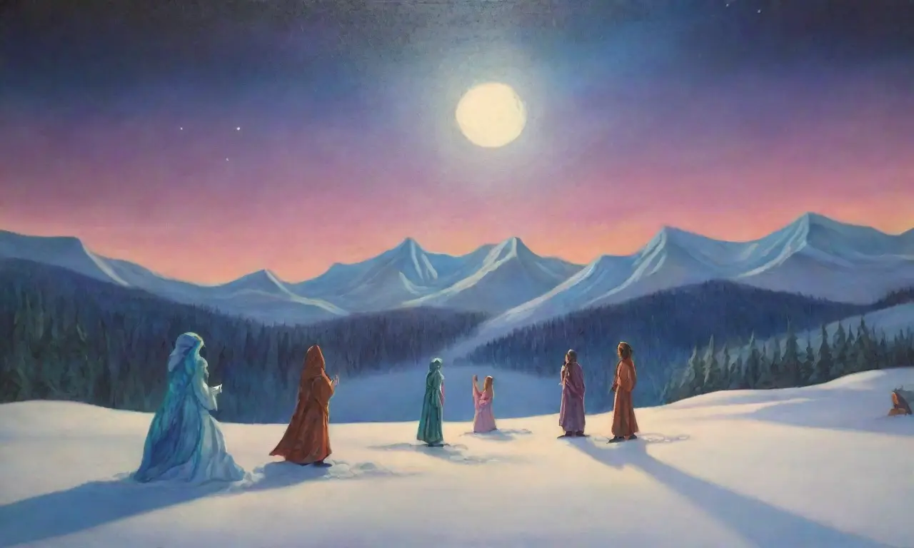 Un paisaje helado bajo la luna, con figuras inuit, auroras danzantes, un tótem en sombras, máscaras contrastantes y un lago reflejando la dualidad del día y la noche