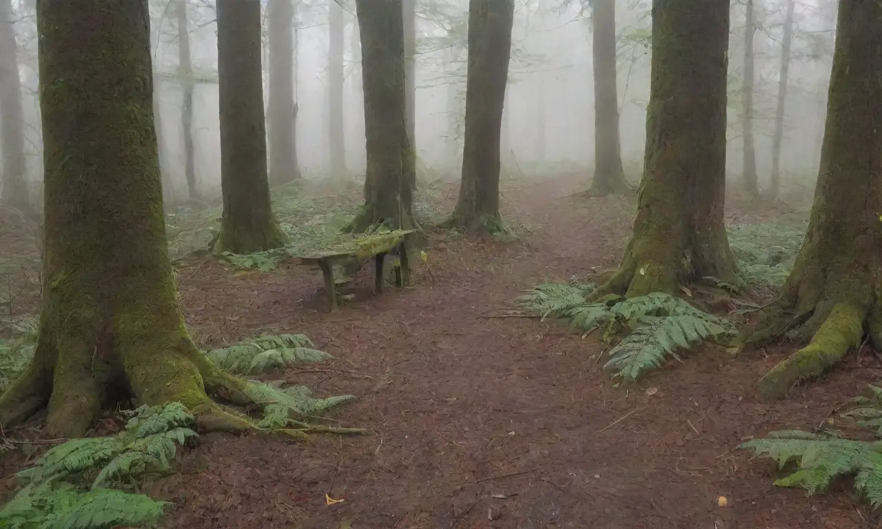 Un bosque denso y melancólico envuelto en niebla y silencio