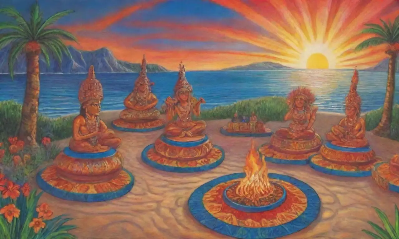 Un ritual sagrado se despliega con fuego, ofrendas y vibrantes colores