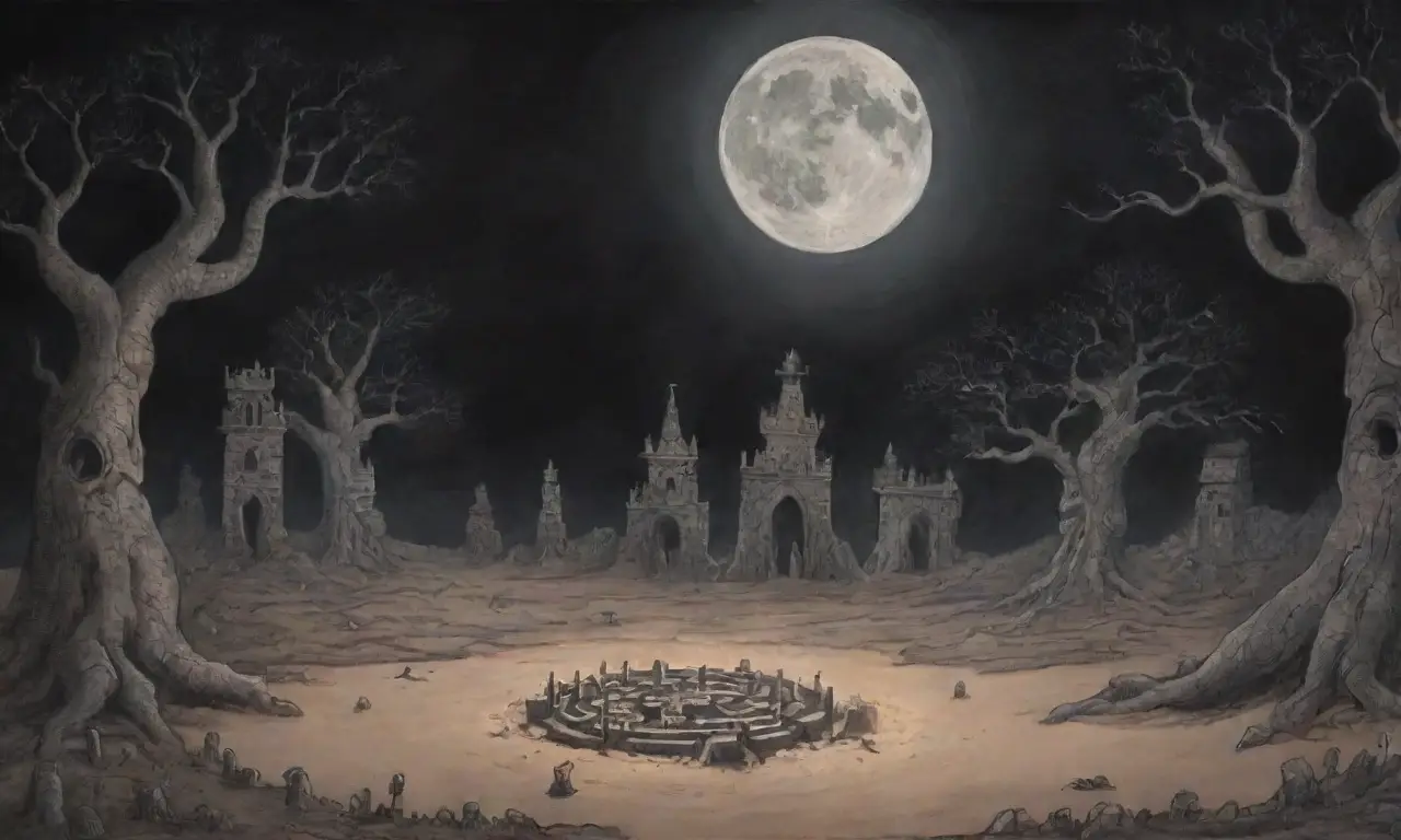 Un paisaje sombrío y misterioso lleno de elementos inquietantes y un aire de desolación