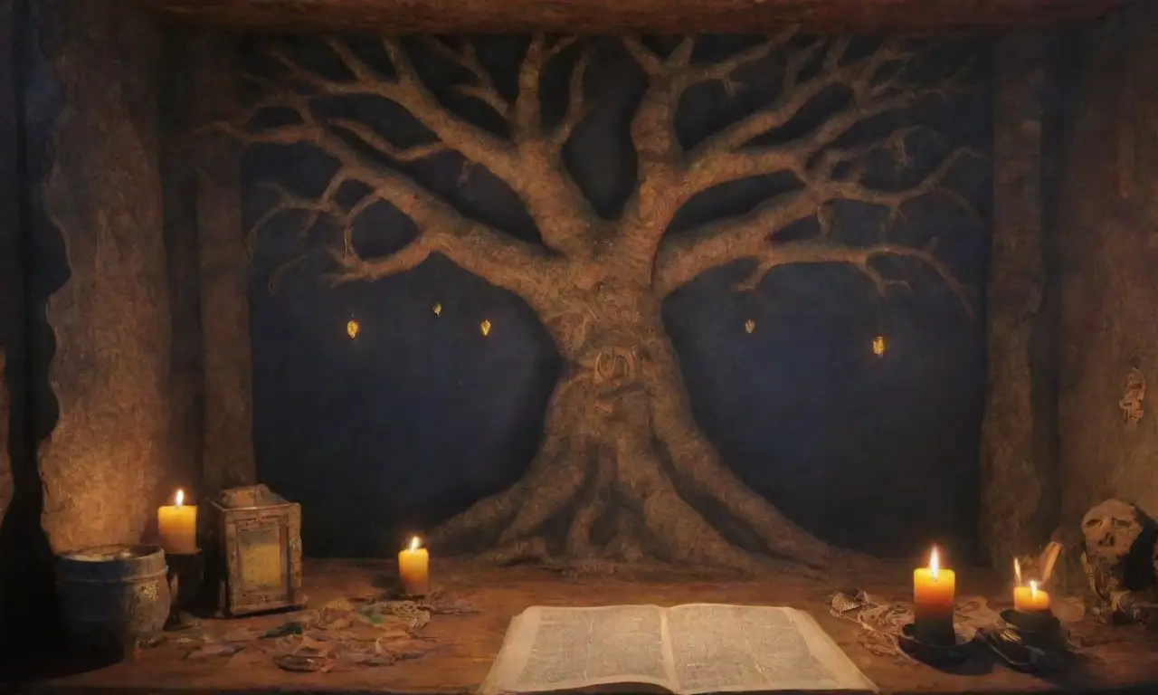 Un ambiente oscuro y misterioso lleno de símbolos antiguos, sombras inquietantes y elementos sobrenaturales