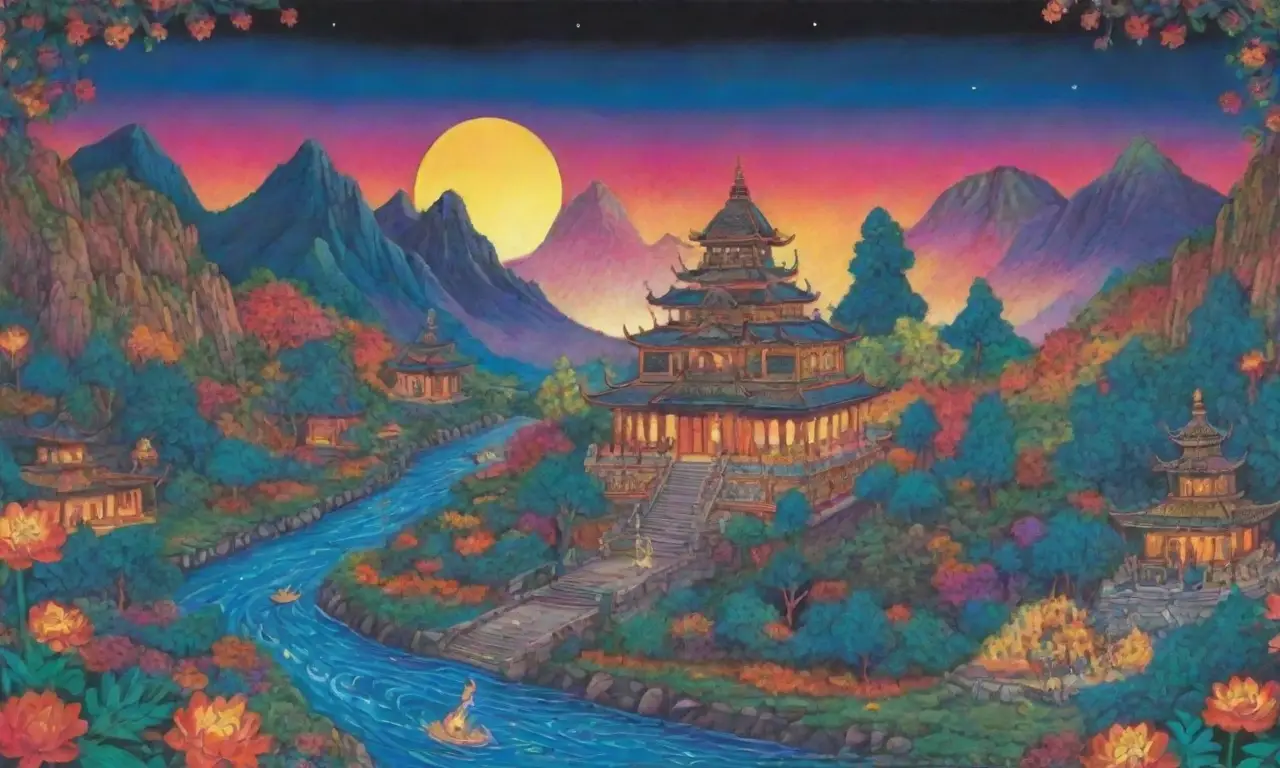 Un paisaje vibrante de Mictlán con deidades, templos antiguos y rituales aztecas